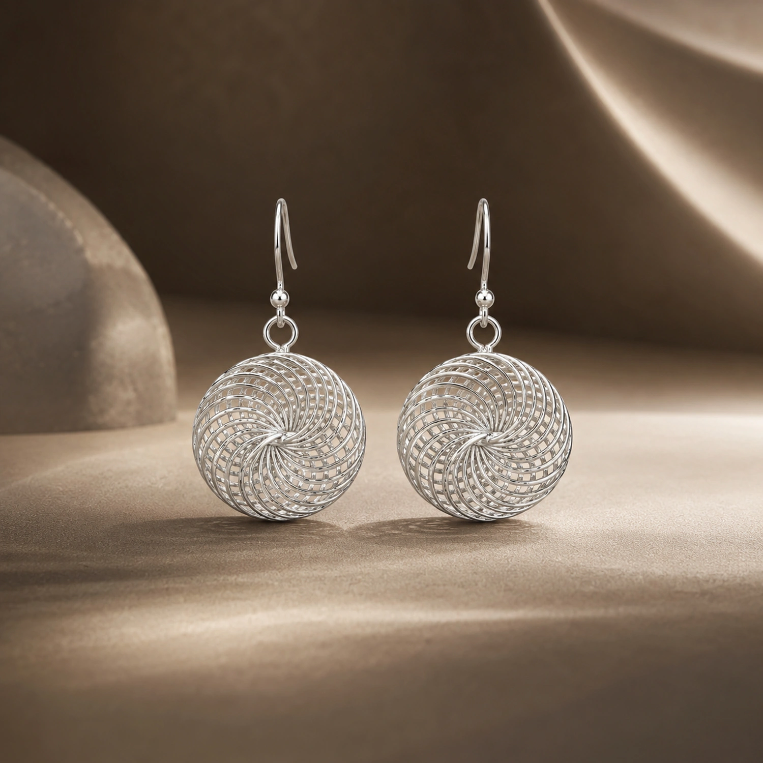 Silver Spiral Mesh Drop Earrings