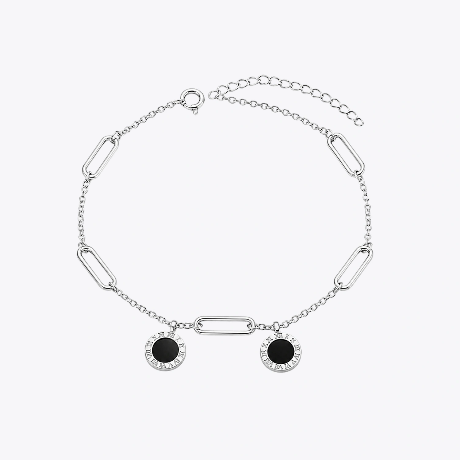 Silver Roman Charm Bracelet with Black Round Charms - Image 3