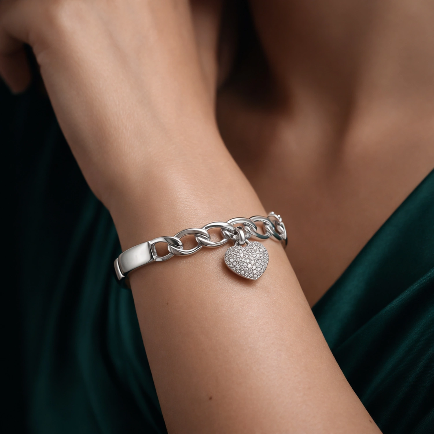 Silver Heart Charm Link Bracelet - Image 2