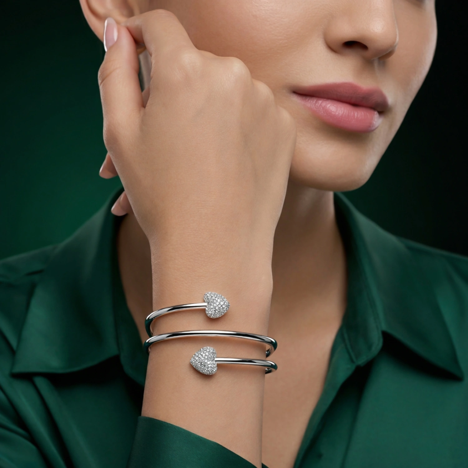 Silver Heart Sparkle Open Cuff Bracelet - Image 2