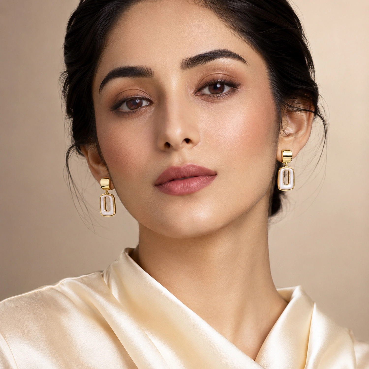 Gold & Pearl Rectangular Drop Earrings - Image 2