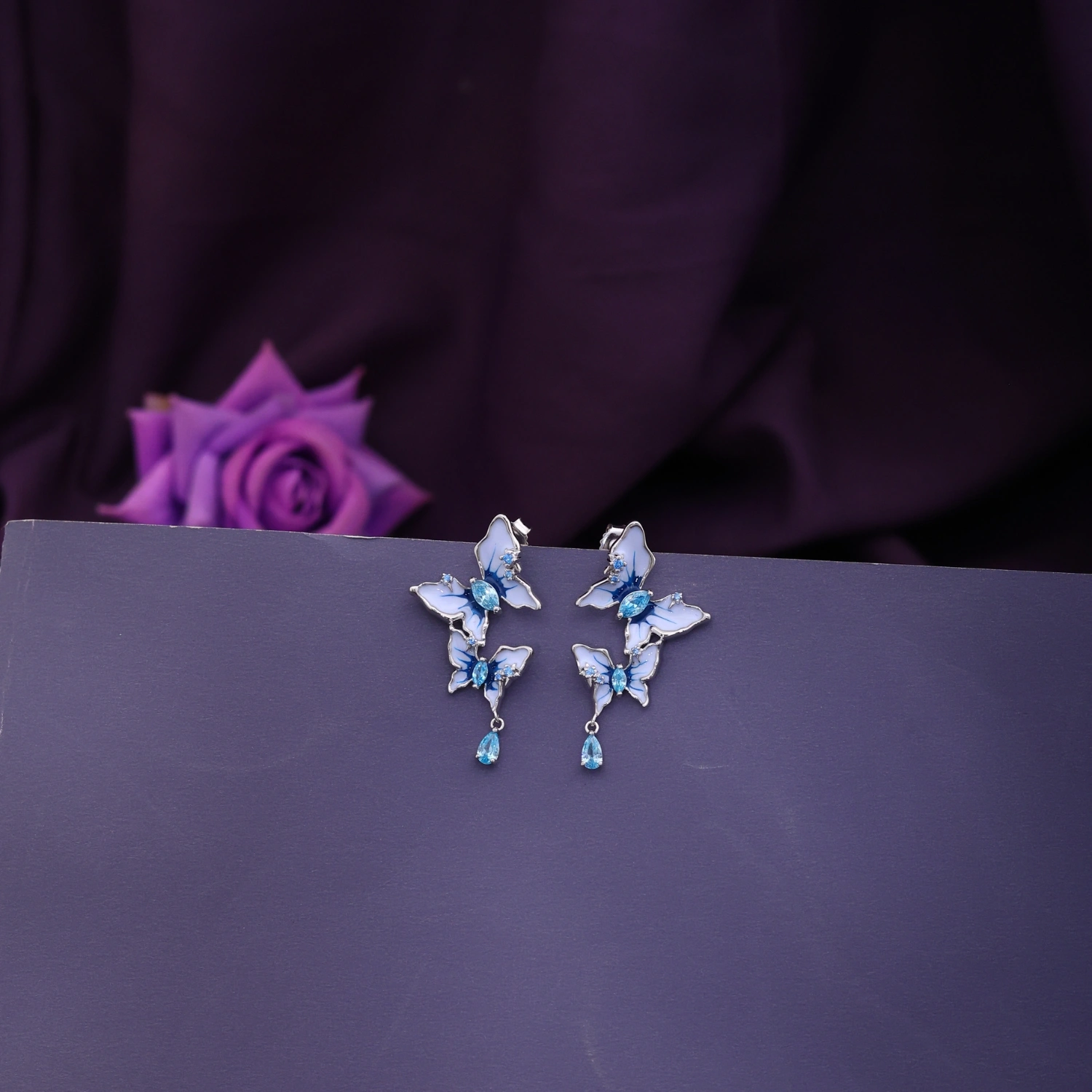 Blue Butterfly Crystal Drop Earrings