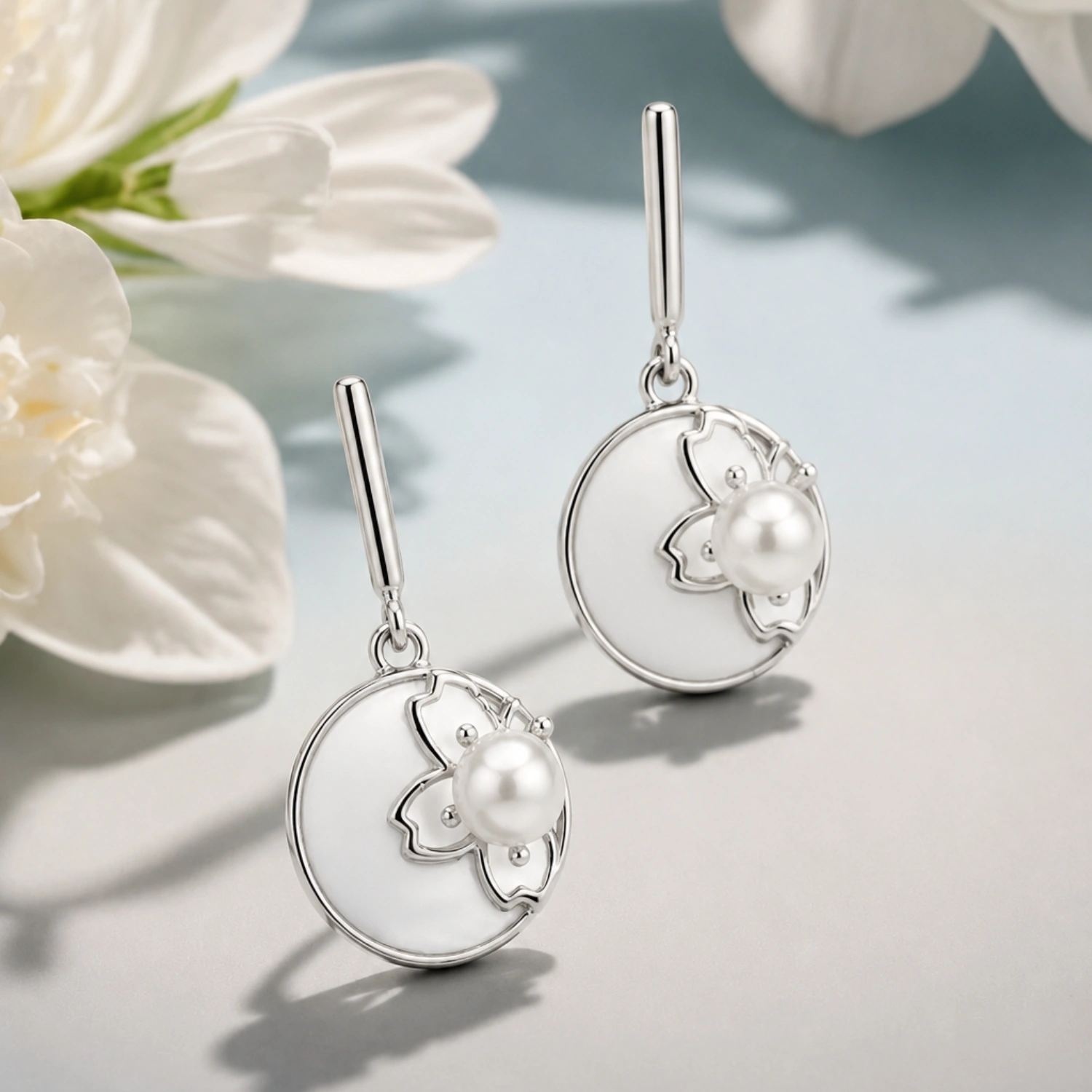 Silver Pearl Bloom Drop Earrings