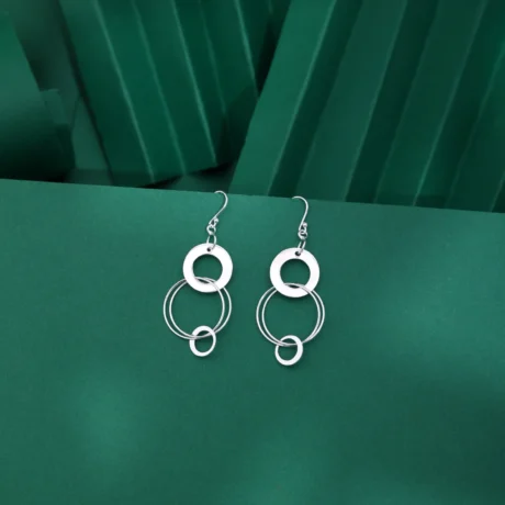 Layered Circle Silver Drop Earrings