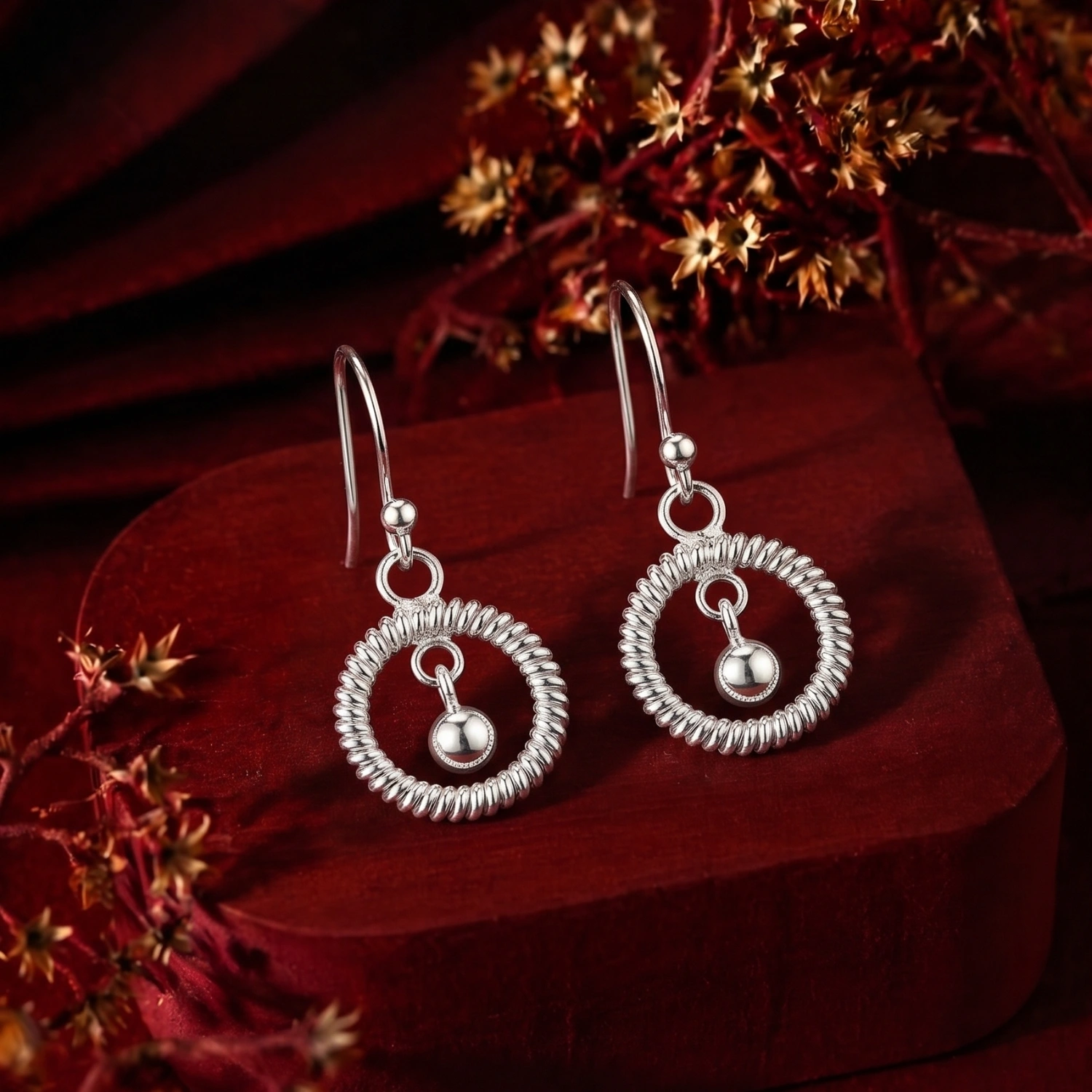 Silver Ripple Circle Drop Earrings