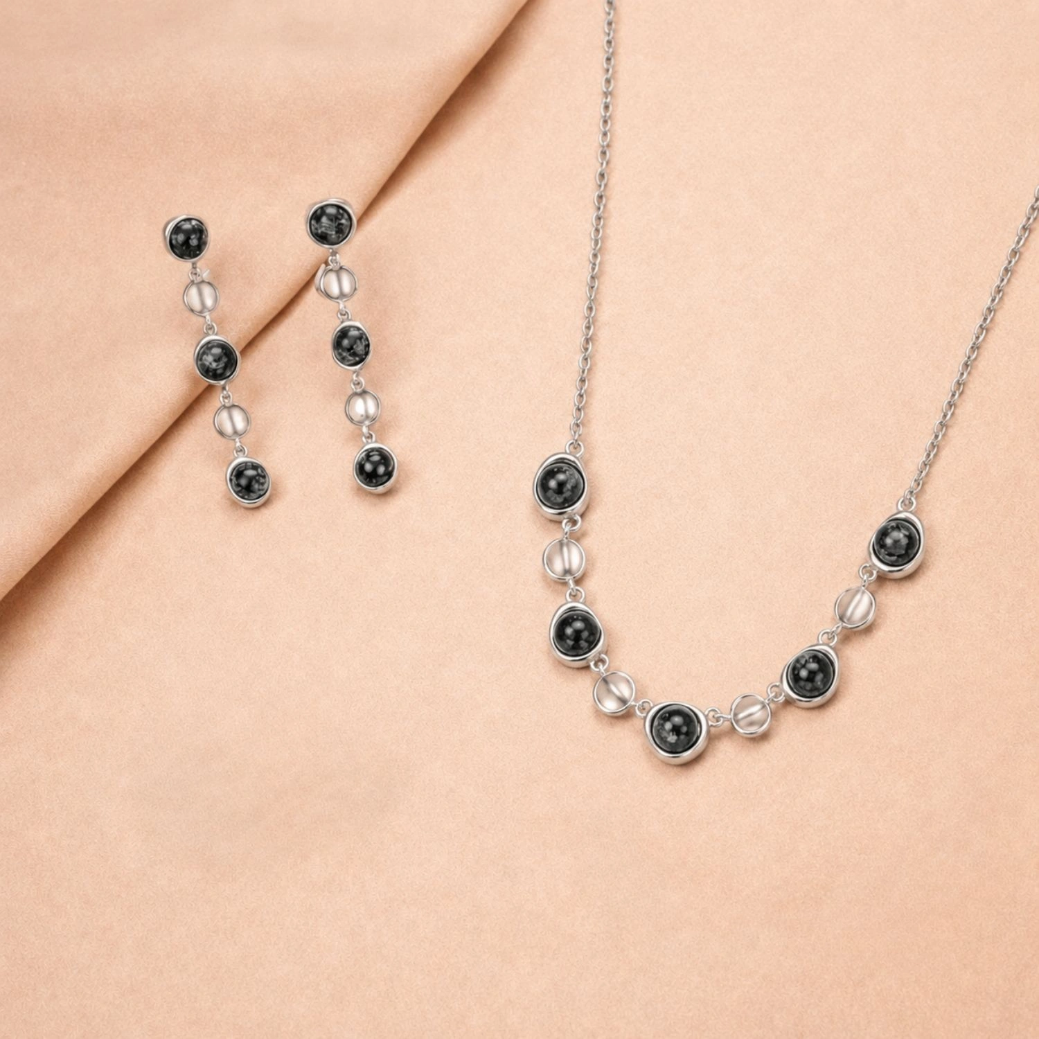 Midnight Pebble Silver Necklace & Earrings Combo